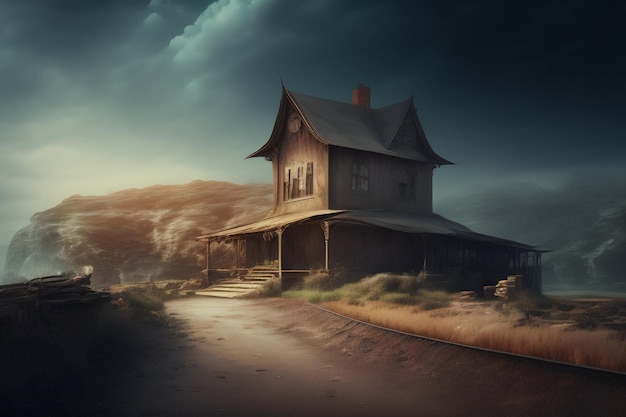 A house on a hill with a cloudy sky in the background