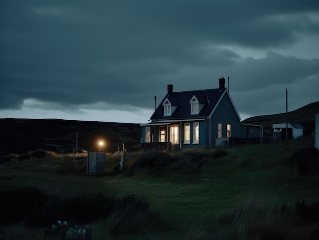 A house on a hill with a dark sky generative ai