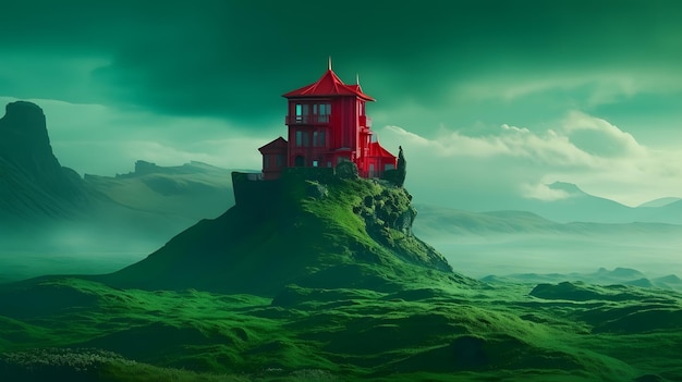 A house on a hill with a green mountain in the background