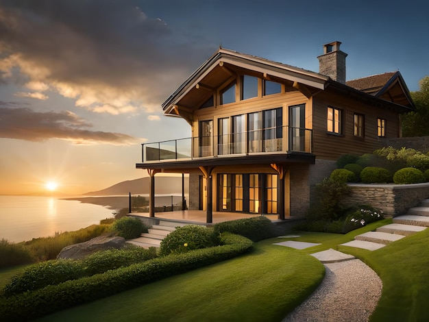 A house on a hill with a lake in the background