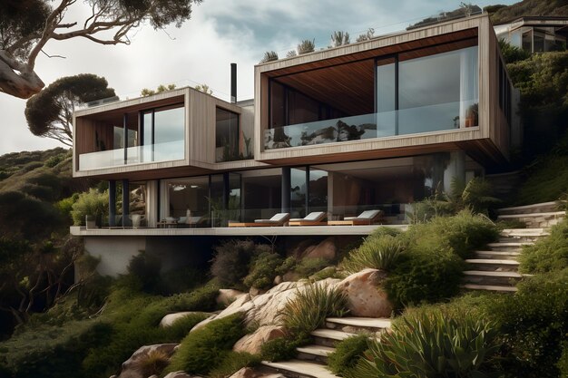 A house on a hill with a mountain in the background