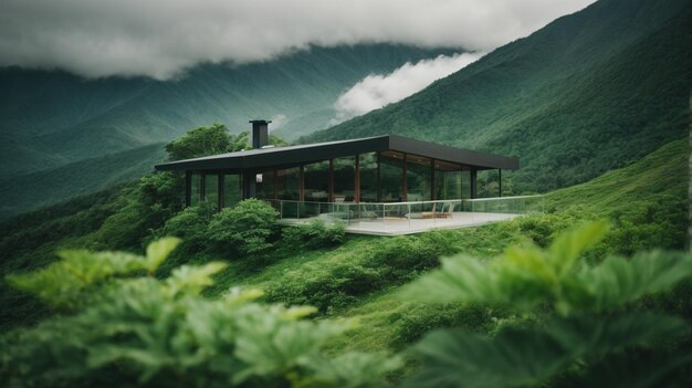 a house on a hill with a mountain behind it