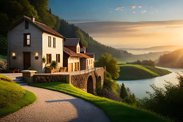 A house on a hill with a sunset in the background