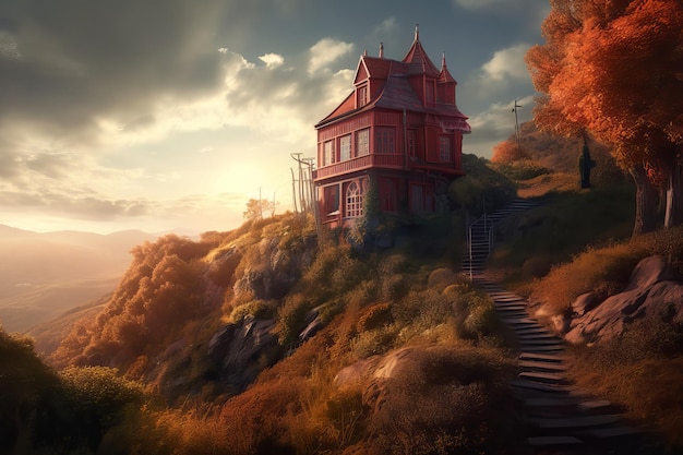 A house on a hill with a sunset in the background