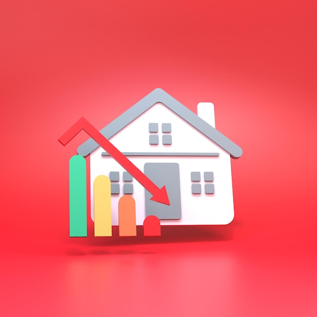 House icon and falling graph 3d rendering