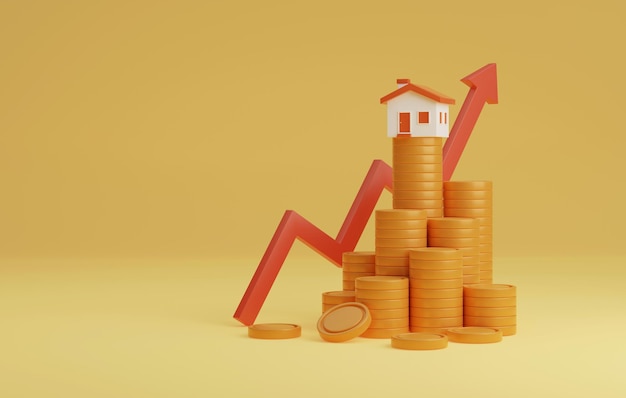 House icon stack of coins and red arrow pointing up on yellow background