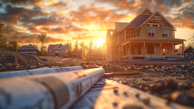 A house is being built in front of a house with a newspaper on the ground