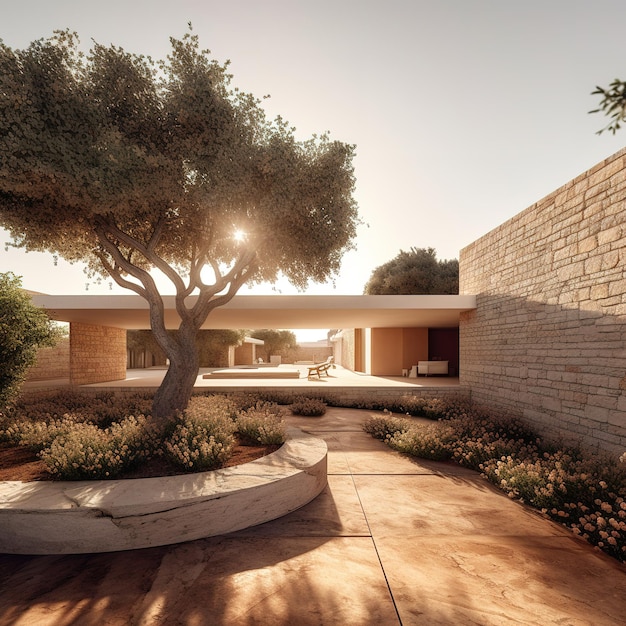 The house is built by person and has a courtyard that leads to the entrance.