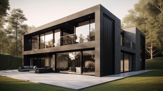 the house is designed by person and has a black exterior and a white interior