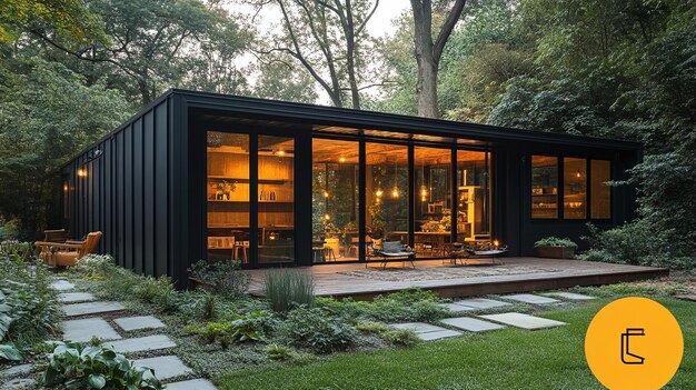 the house is designed by person and has a glass wall that opens up to the backyard