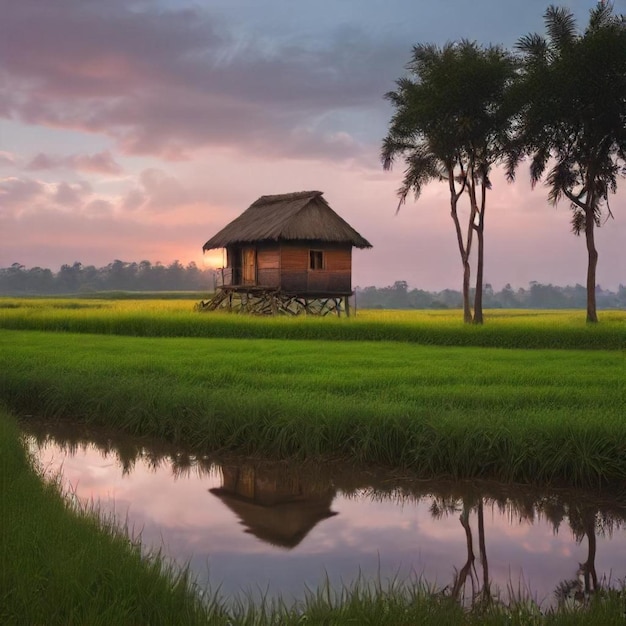 a house is on the edge of a field with a reflection of trees