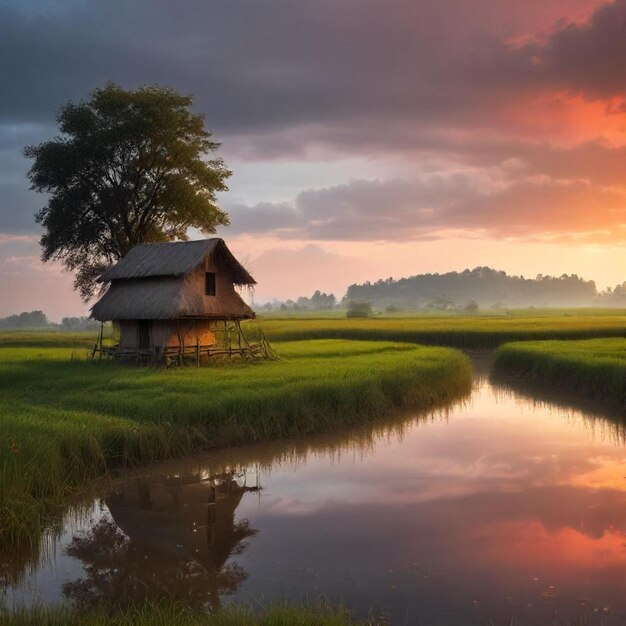 a house is on the field with a reflection of a tree in the water