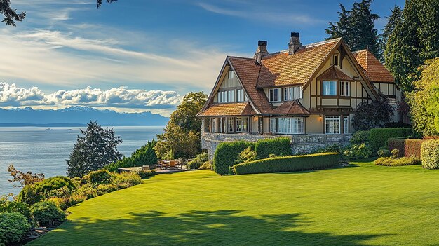 Photo the house is on the hill overlooking the lake