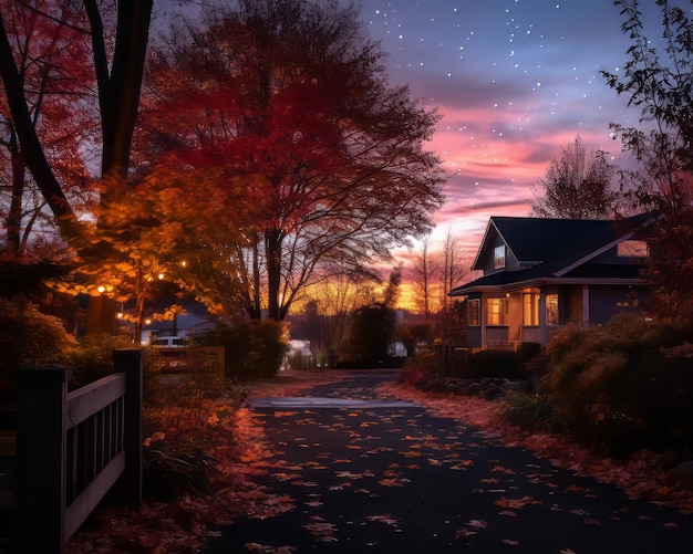 a house is lit up at night with autumn leaves on the ground