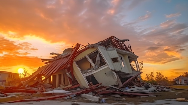 A house is piled up in front of a sunset.