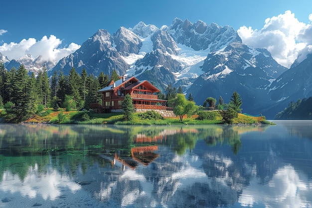 a house is reflected in a lake with the mountains in the background