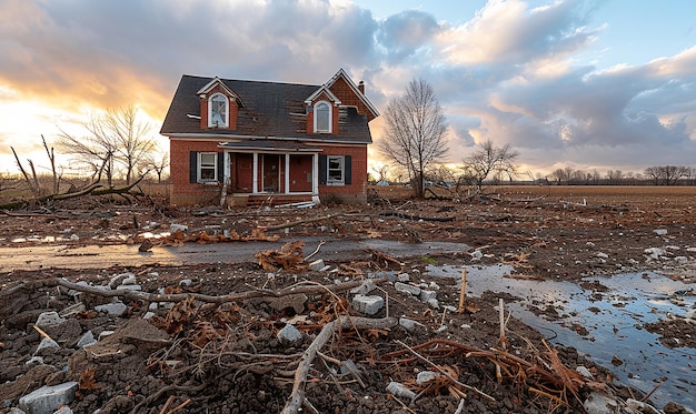 a house is surrounded by debris and debris after a storm