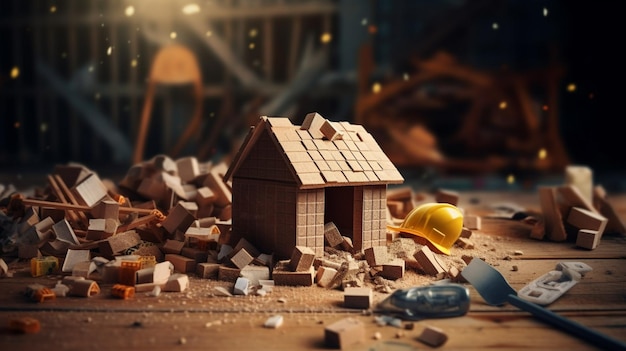 A house is surrounded by rubble and a yellow construction helmet.