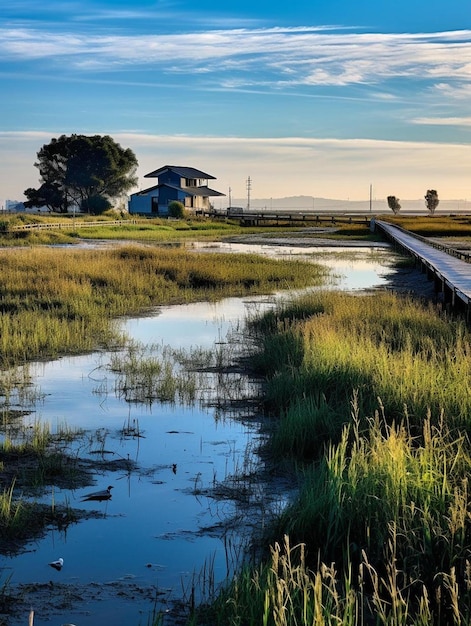 Photo a house is on the water with a house in the background