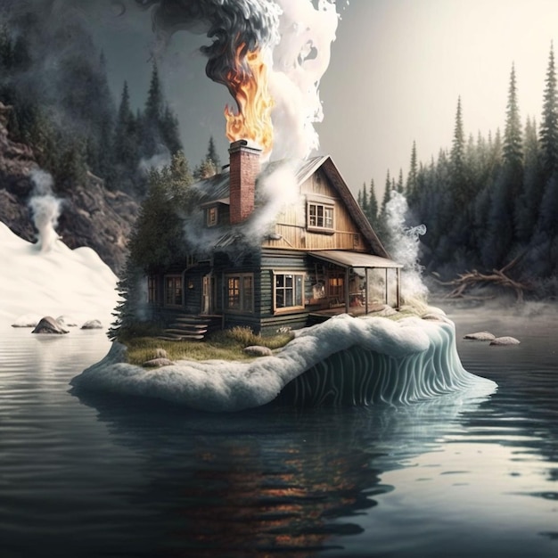 A house on an island with a burning fire on it