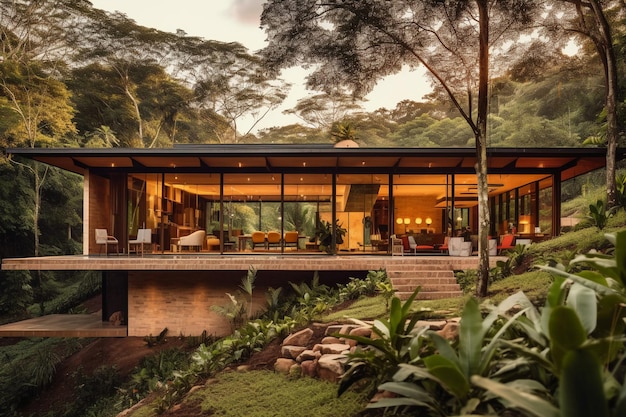 A house in the jungle is surrounded by trees and a bridge.