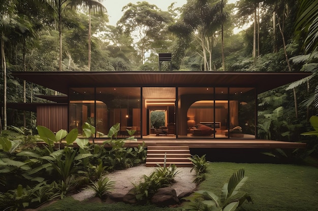 A house in the jungle with a large roof and a balcony with a view of the jungle.