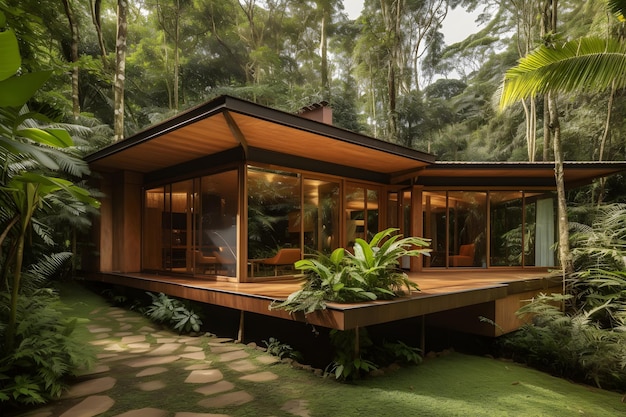 A house in the jungle with a wooden deck and a wooden roof.