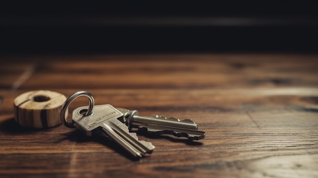 House Key And Keychain On Wooden Table