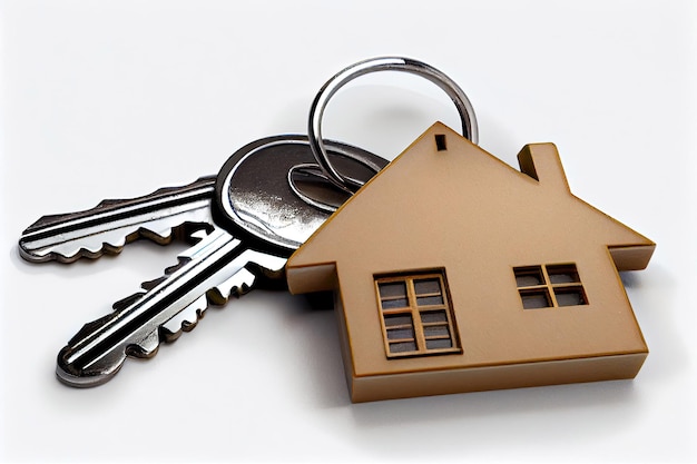 House keys with house shaped keychain isolated on white background with Generative AI Technology