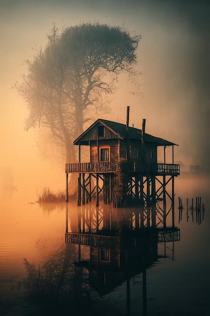 A house on a lake in the fog