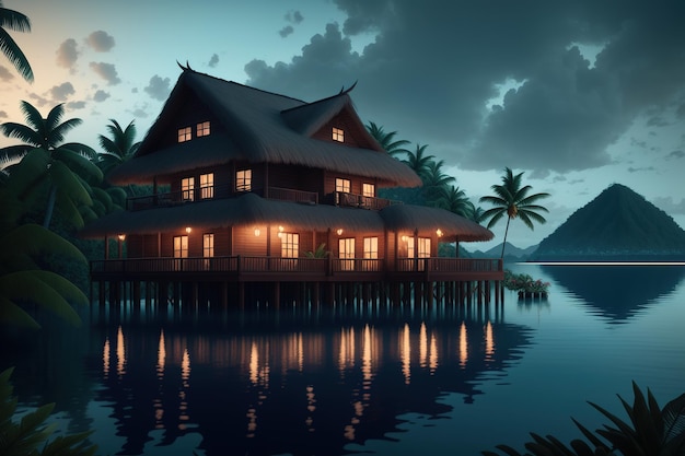 House on a lake at night