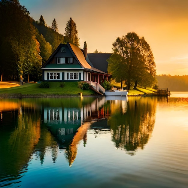 A house on the lake with a boat in front of it