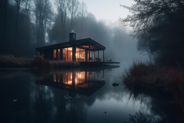 A house on a lake with the lights on