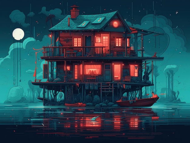 A house on a lake with a moon in the background