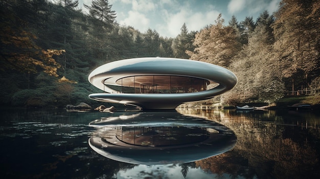 A house on a lake with a mountain in the background