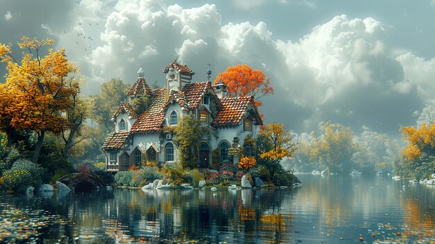 a house on a lake with a tree in the background