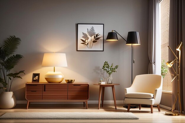 House lighting lamp interior realistic composition with designer furniture and vase with standing lamp and locker