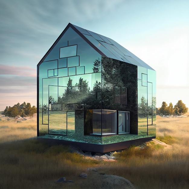 House made of glass surrounded by nature transparent building