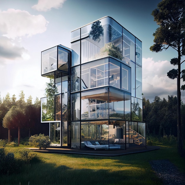 House made of glass surrounded by nature transparent building