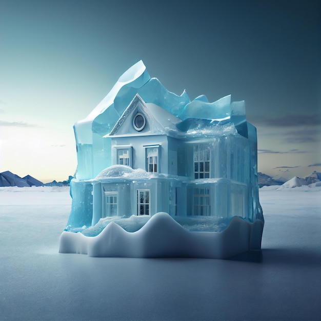 House made of ice frozen house in the snowy arctic 3d render