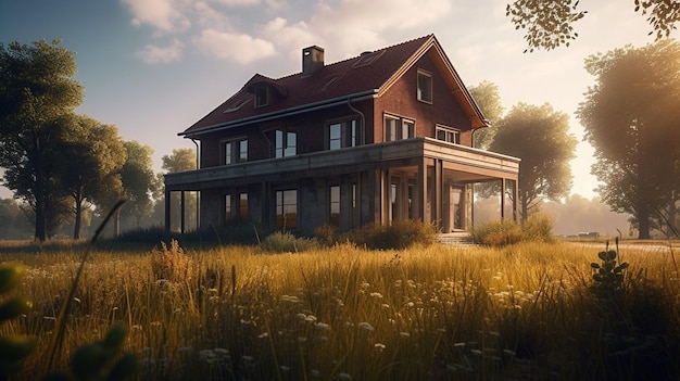 House in the meadow at sunset generative ai