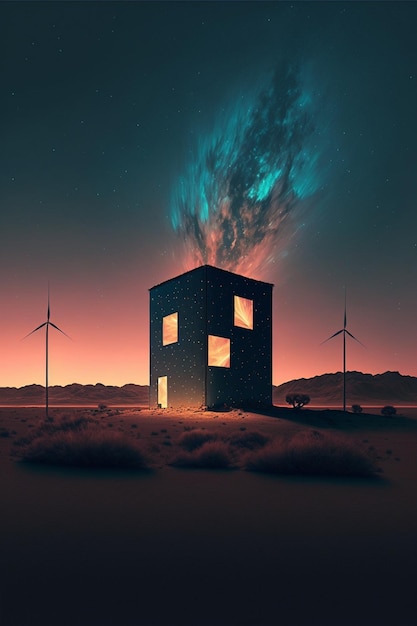 House in the middle of a desert with wind turbines in the background generative ai