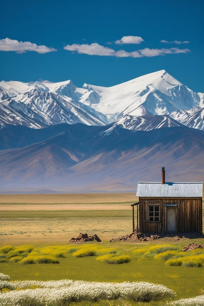 House in the middle of a field with mountains in the background generative ai