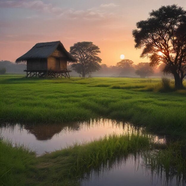 a house in the middle of a field with a reflection of trees in the water