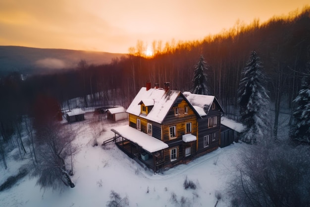 House in the middle of snowy forest with sunset in the background Generative AI