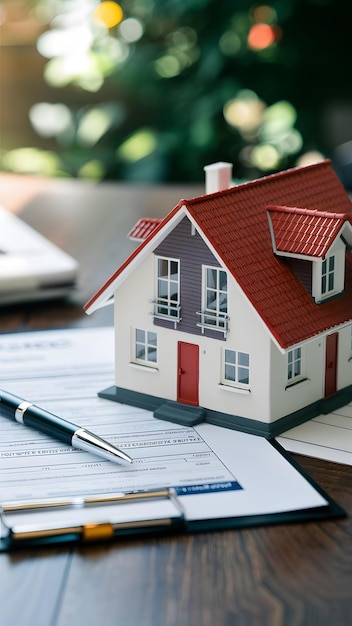 House model beside pen and form indicating real estate theme