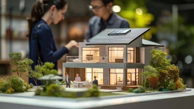 A house model with an agent and a customer discussing a contract to buy