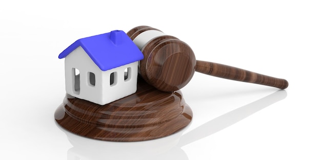 House model with blue color roof and a judge gavel isolated against white background 3d illustration