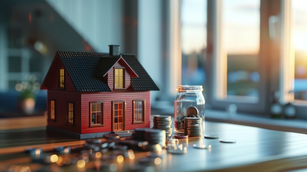 Photo the house model with coins