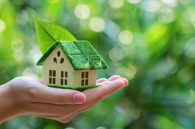 House model with green leaf in hand over blurred nature background ecology real estate concept